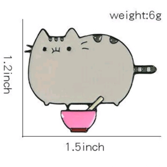 🥗 Pusheen eatting from Pink Bowl metal pin - Picture 2 of 5